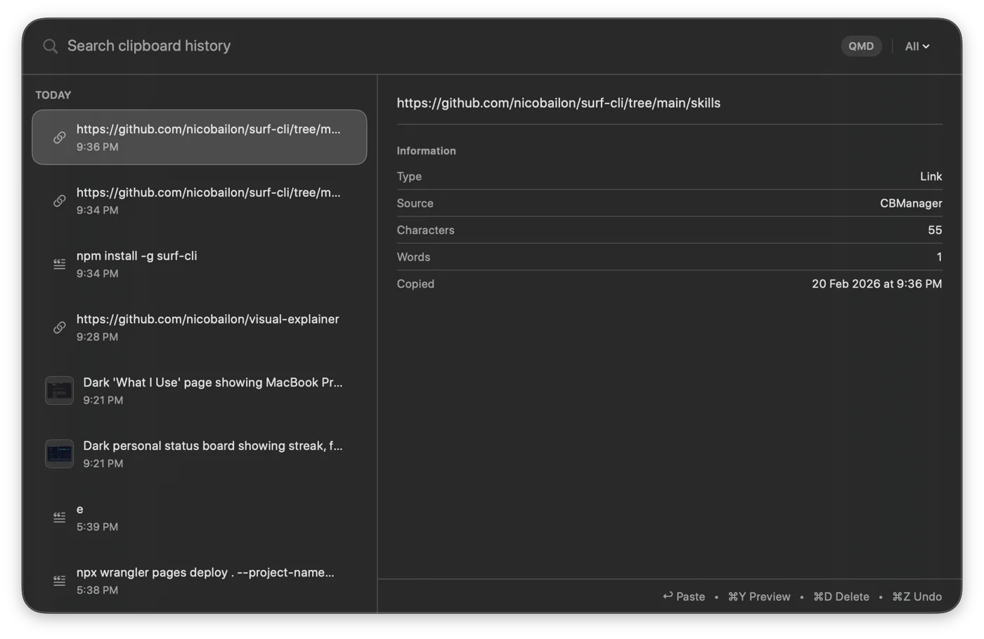CBManager: clipboard history on the left and a preview of the selected item on the right.